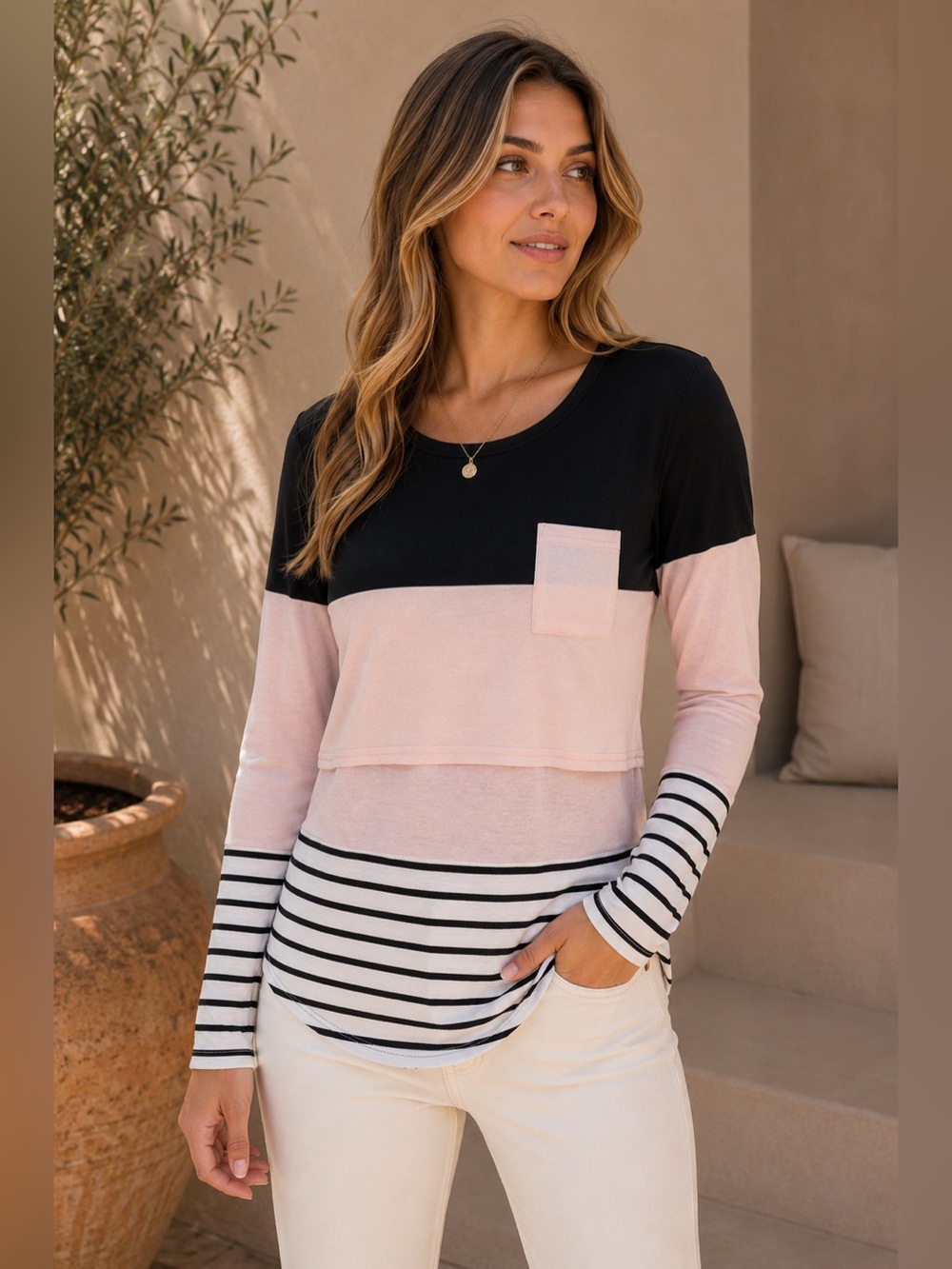 Bhome Nursing Long Sleeve Tops for Breastfeeding T-Shirt with Pocket Size Small